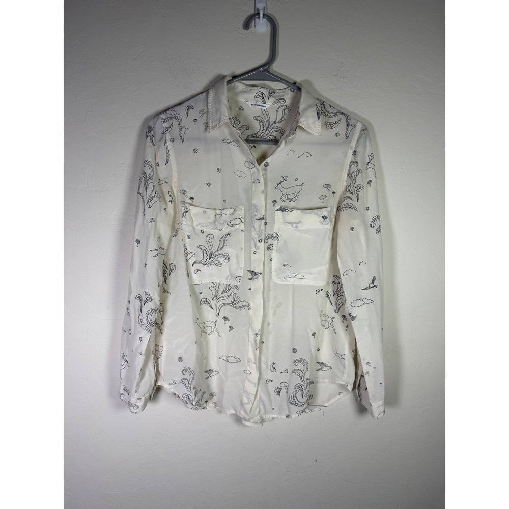 Club Monaco Womens XS Long Sleeve Button Down Shirt Cream Deer Paisley Print